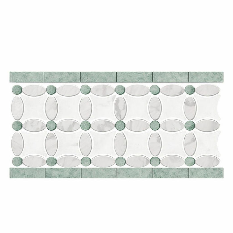 Carrara White (Italian) Carrara White Marble 5-3/4x11 1/4 Polished / Honed Tile Florida Flower Border (Thassos + White Carrara (Oval) + Ming Green (Dots))