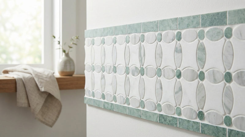 Carrara White (Italian) Carrara White Marble 5-3/4x11 1/4 Polished / Honed Tile Florida Flower Border (Thassos + White Carrara (Oval) + Ming Green (Dots))