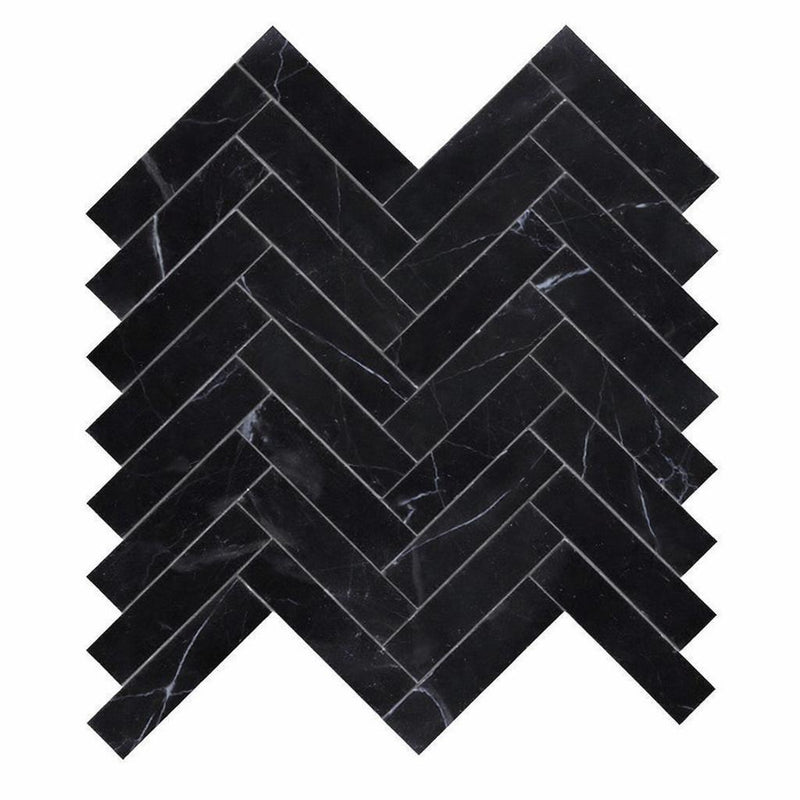 Nero Marquina (Black) Marble 1x4 Honed Herringbone Mosaic