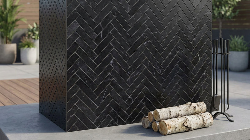Nero Marquina (Black) Marble 1x4 Honed Herringbone Mosaic
