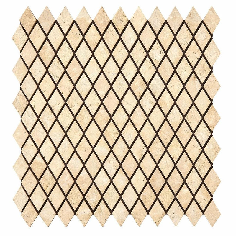 Ivory / Light Travertine 1x2 Cream Tumbled Diamond / Rhomboid Mosaic