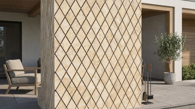 Ivory / Light Travertine 1x2 Cream Tumbled Diamond / Rhomboid Mosaic