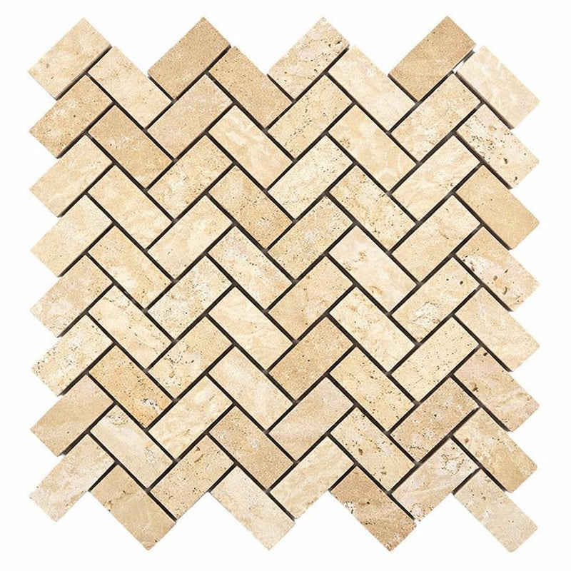 Ivory / Light Travertine 1x2 Cream Tumbled Herringbone Mosaic