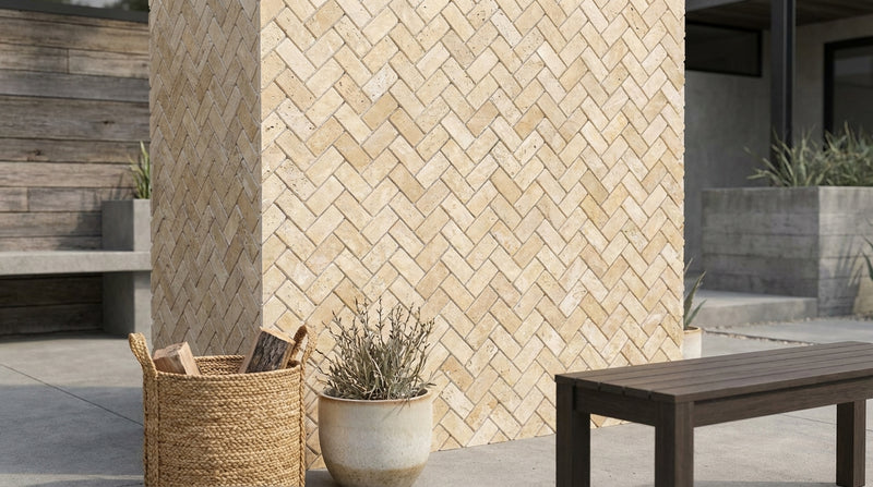 Ivory / Light Travertine 1x2 Cream Tumbled Herringbone Mosaic