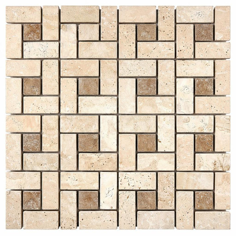 Ivory / Light Travertine 1x2 Cream Tumbled Pinwheel Mosaic Pinwheel (LARGE) Mosaic w/ Noce Dots
