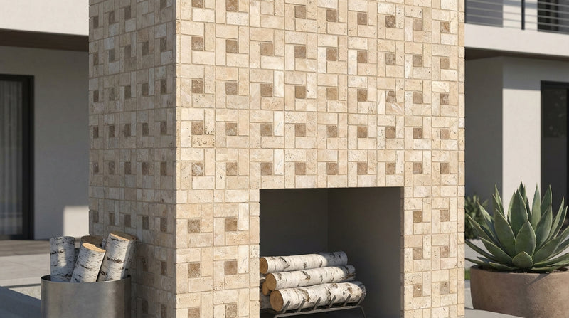 Ivory / Light Travertine 1x2 Cream Tumbled Pinwheel Mosaic Pinwheel (LARGE) Mosaic w/ Noce Dots