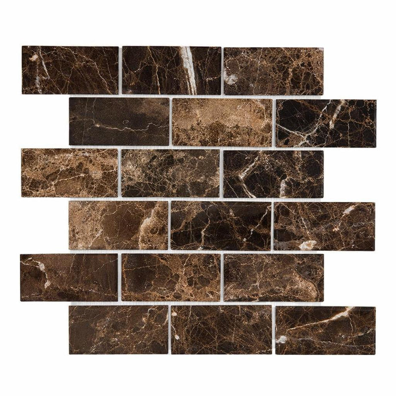 Emperador Dark (Spanish) Marble 2x4 Polished Brick Joint Mosaic Deep-Beveled Brick Mosaic