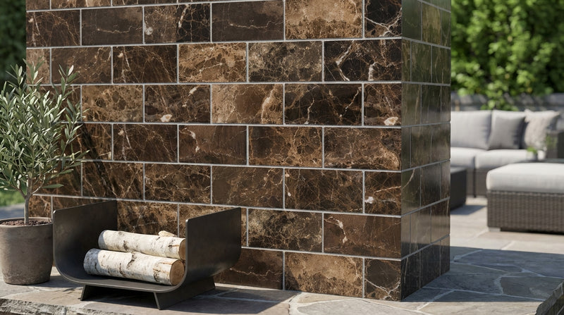 Emperador Dark (Spanish) Marble 2x4 Polished Brick Joint Mosaic Deep-Beveled Brick Mosaic