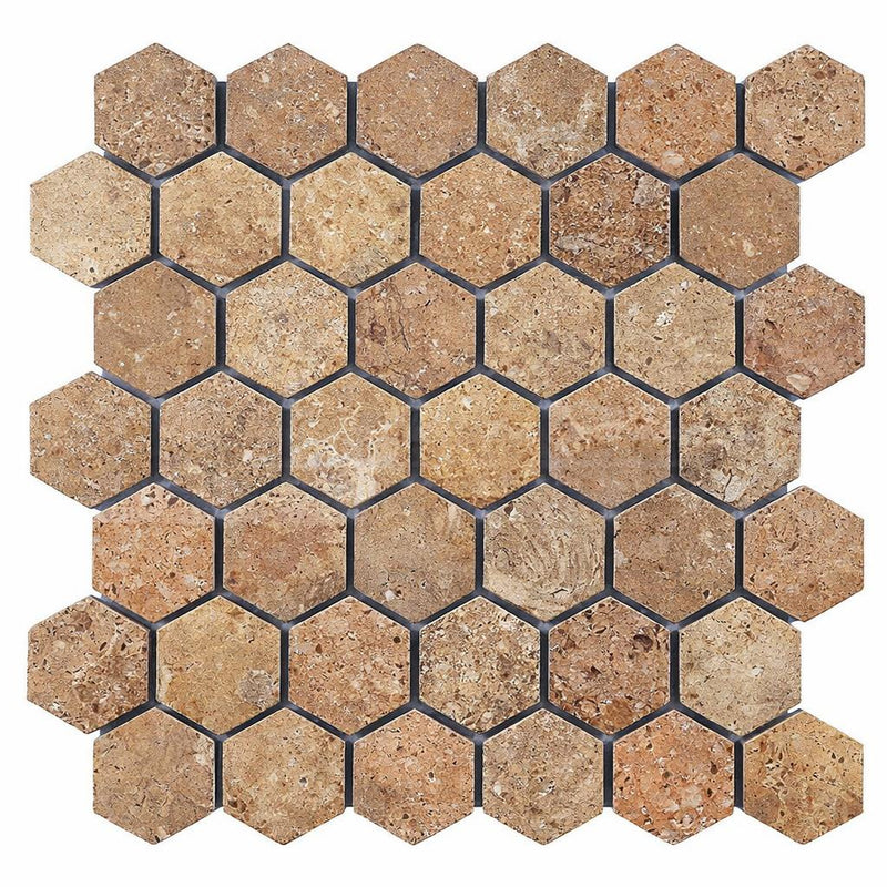 Noce (Antalya) Travertine 2x2 Tumbled Travertine Hexagon Mosaic