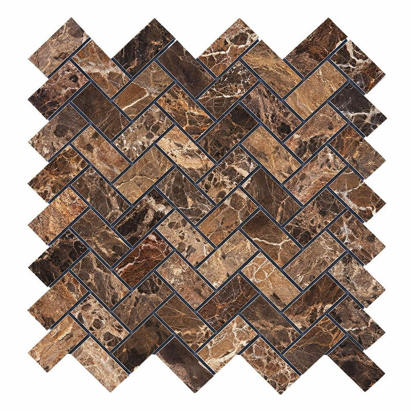 Emperador Dark (Spanish) Marble 1x2 Polished Herringbone Mosaic