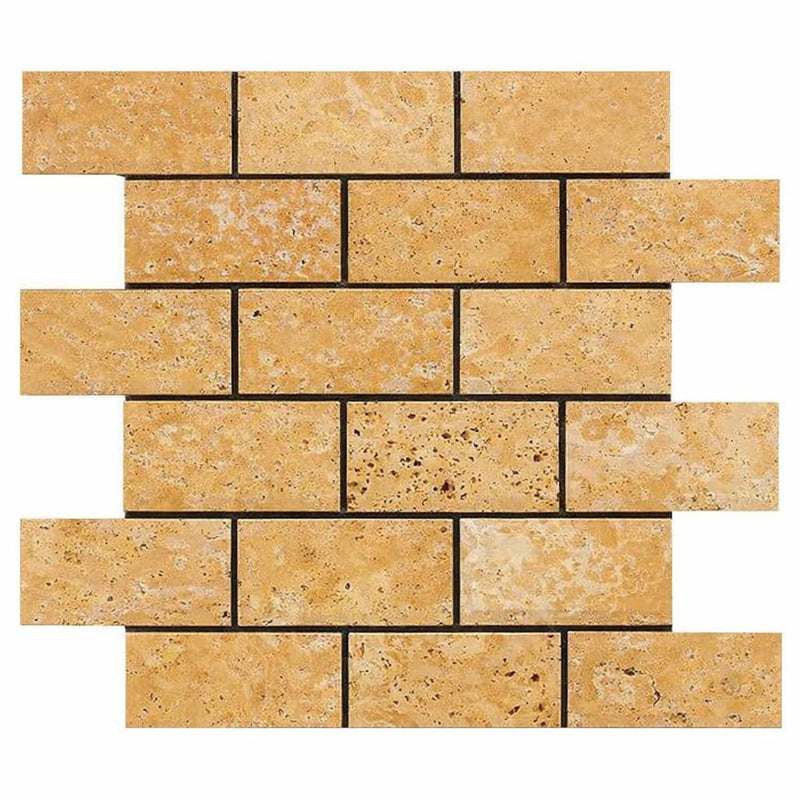 Gold / Yellow Gold Travertine 2x4 Honed Travertine Brick Joint Mosaic Deep-Beveled Brick Mosaic