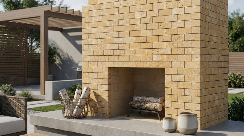 Gold / Yellow Gold Travertine 2x4 Honed Travertine Brick Joint Mosaic Deep-Beveled Brick Mosaic
