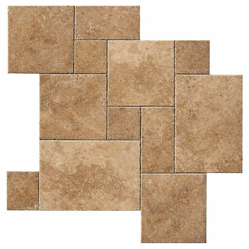Walnut Travertine Roman (MIDI Versailles) Pattern Unfilled, Brushed & Chiseled Travertine Tile