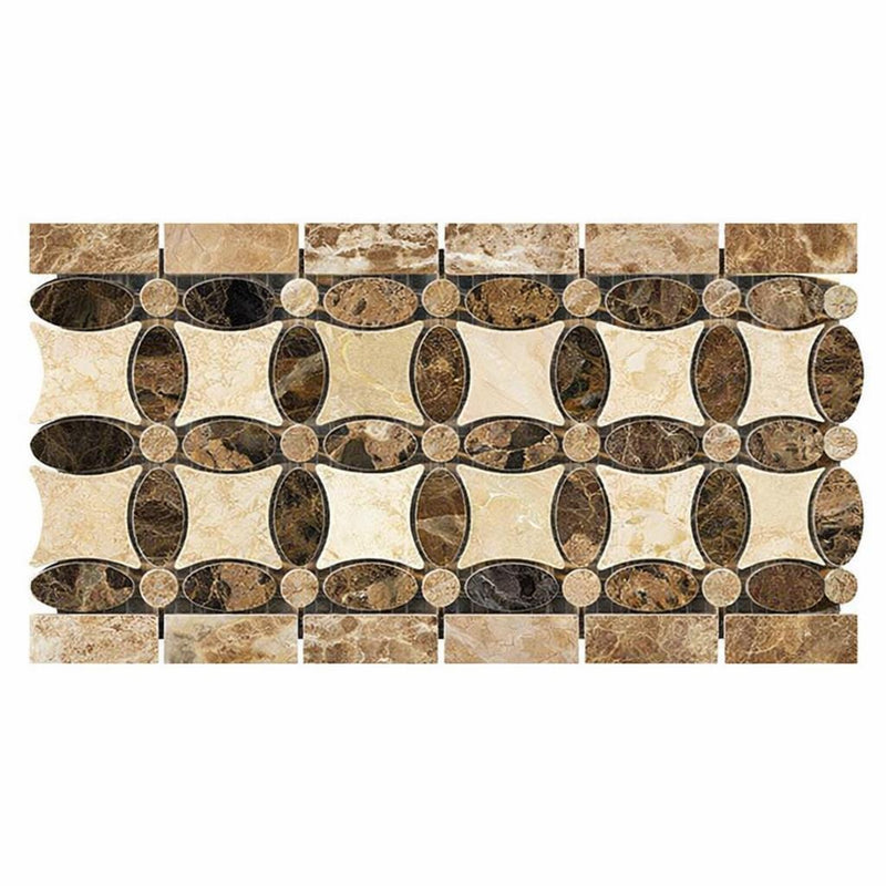 Emperador Dark (Spanish) Emperador Dark Marble 5-3/4x11 1/4 Polished Tile Florida Flower Border (Crema Marfil + Emp. Light + Emp. Dark)