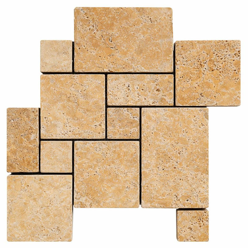 Gold / Yellow Gold Travertine Tumbled Travertine OPUS Mini-Pattern Mosaic OPUS Mini-Pattern (4 pcs.) Mosaic (Interlocking)