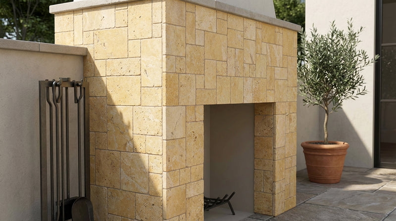 Gold / Yellow Gold Travertine Tumbled Travertine OPUS Mini-Pattern Mosaic OPUS Mini-Pattern (4 pcs.) Mosaic (Interlocking)