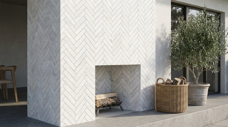 Oriental White (Asian Statuary) Marble 1x3 Honed Herringbone Mosaic