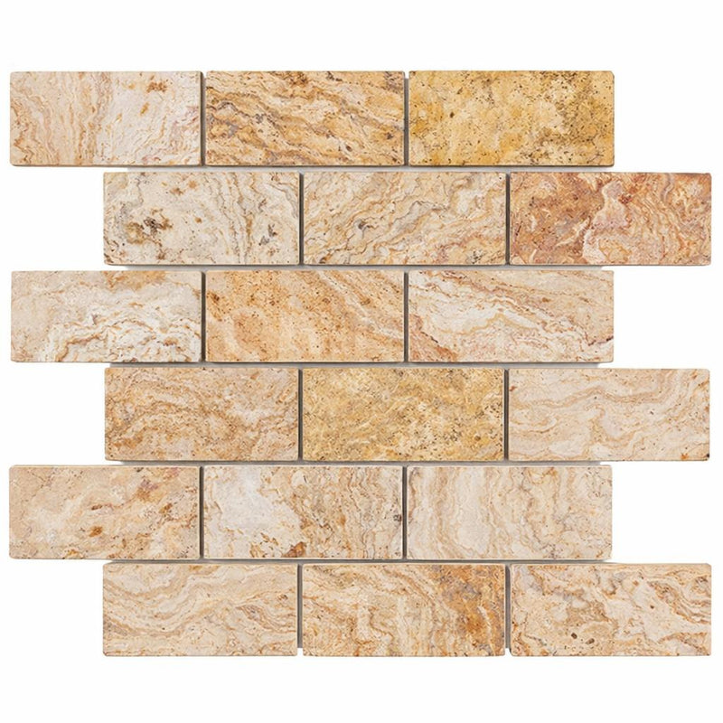 Valencia Travertine 2x4 Tumbled Travertine Brick Joint Mosaic Brick Mosaic