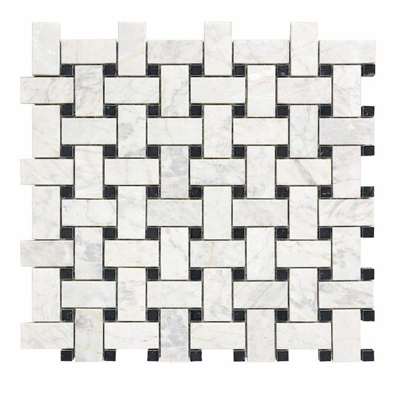 Bianco Congelato Marble Leathered Dolomite Basketweave Mosaic w/ Black