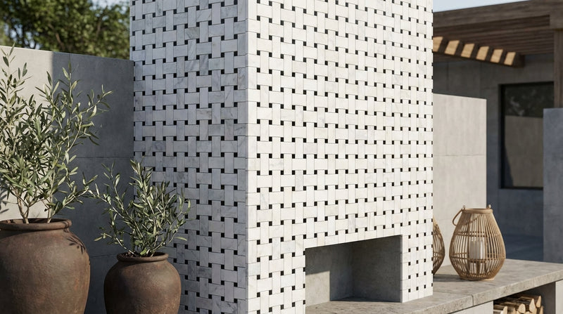 Bianco Congelato Marble Leathered Dolomite Basketweave Mosaic w/ Black