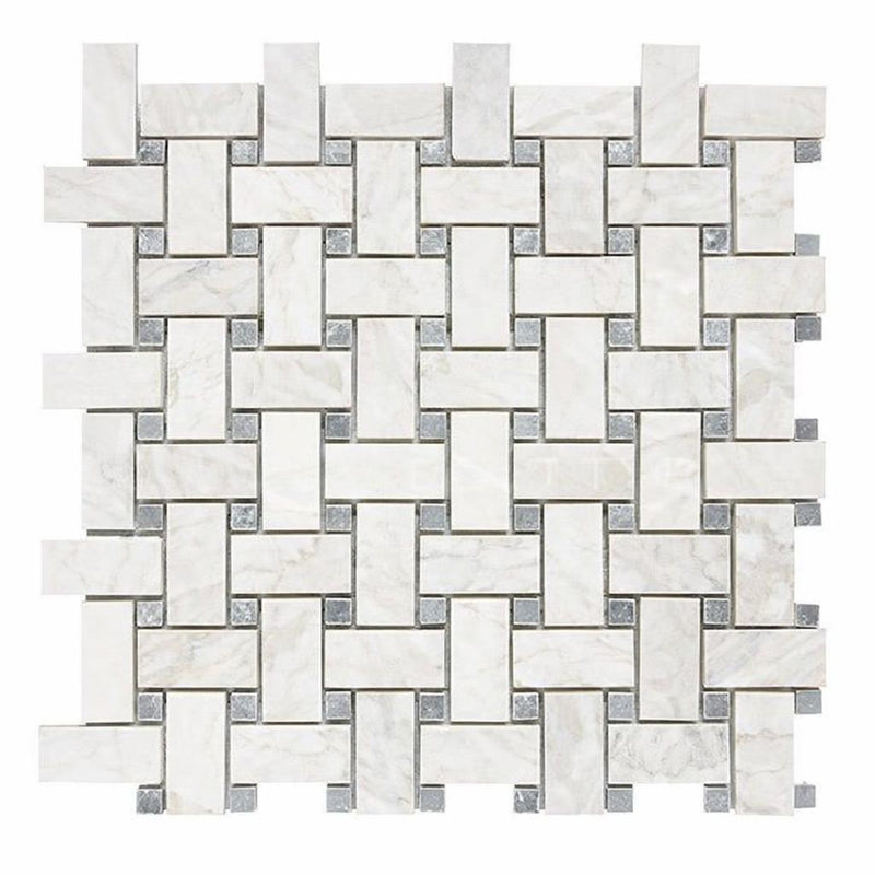 Bianco Congelato Marble Leathered Dolomite Basketweave Mosaic w/ Blue-Gray