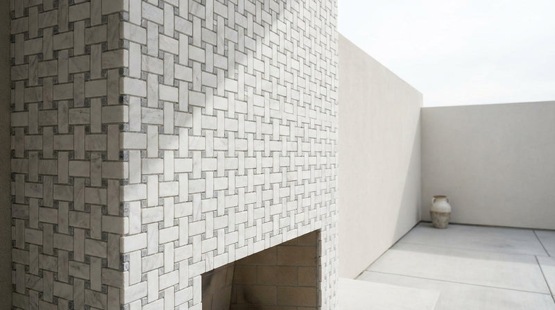 Bianco Congelato Marble Leathered Dolomite Basketweave Mosaic w/ Blue-Gray