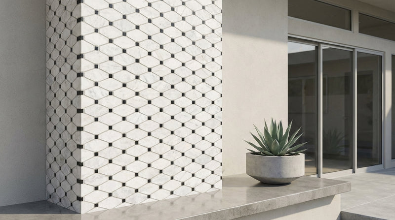 Bianco Congelato Marble Leathered Dolomite Octave Mosaic Octave (Long Octagon) Mosaic w/ Black