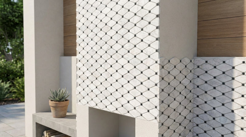 Bianco Congelato Marble Leathered Dolomite Octave Mosaic Octave (Long Octagon) Mosaic w/ Blue-Gray