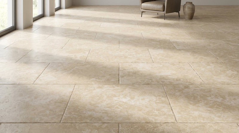 Ivory / Light Travertine 18x18 Cream Unfilled, Brushed & Chiseled Tile