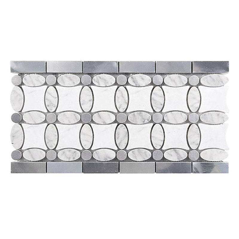 Thassos White (Greek) Thassos White Marble 5-3/4x11 1/4 Polished / Honed Tile Florida Flower Border (Thassos + White Carrara (Oval) + Blue-Gray (Dots))