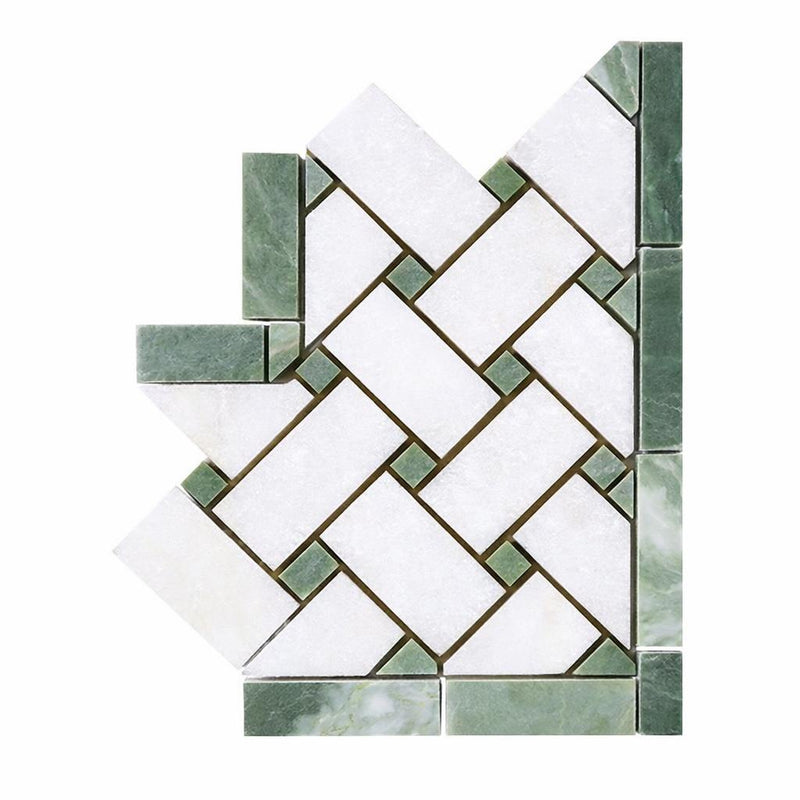 Thassos White (Greek) Thassos White Marble Polished / Honed Tile Basketweave Border CORNER (w/ Ming Green)