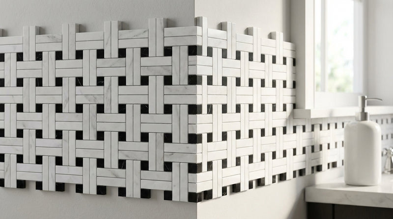 Thassos White (Greek) Marble Honed Tile BIAS Border CORNER (w/ Black)