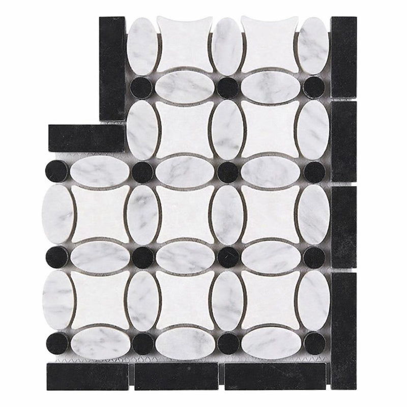 Thassos White (Greek) Marble Honed Tile Florida Flower Border CORNER (Black)