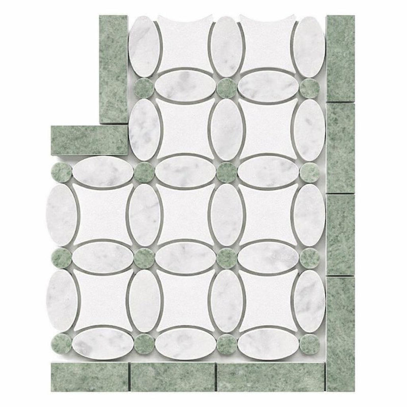 Thassos White (Greek) Thassos White Marble Polished / Honed Tile Florida Flower Border CORNER (Ming Green)