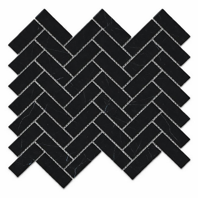 Nero Marquina (Black) Marble 1x3 Honed Herringbone Mosaic