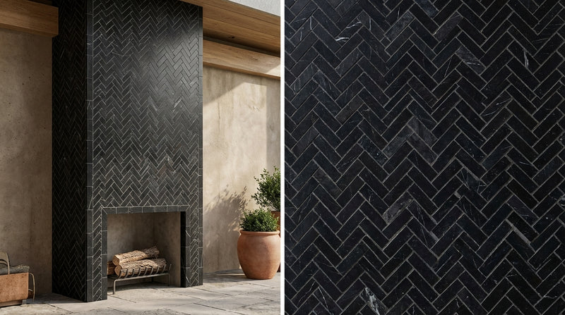 Nero Marquina (Black) Marble 1x3 Honed Herringbone Mosaic