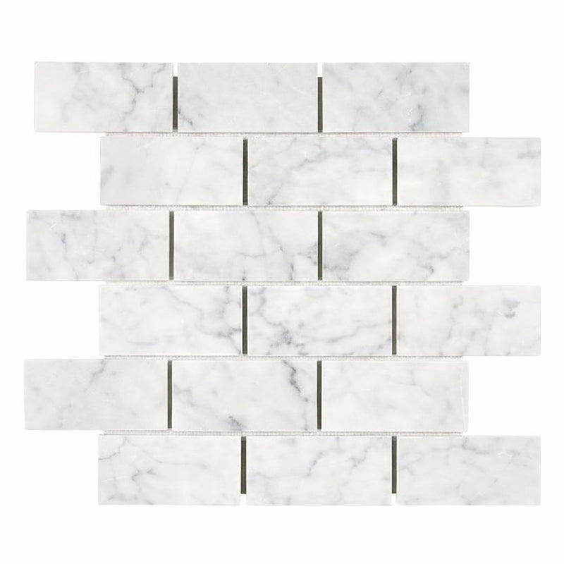 Carrara White (Italian) Marble 2x4 Honed Brick Joint Mosaic Straight-Edged Brick Mosaic