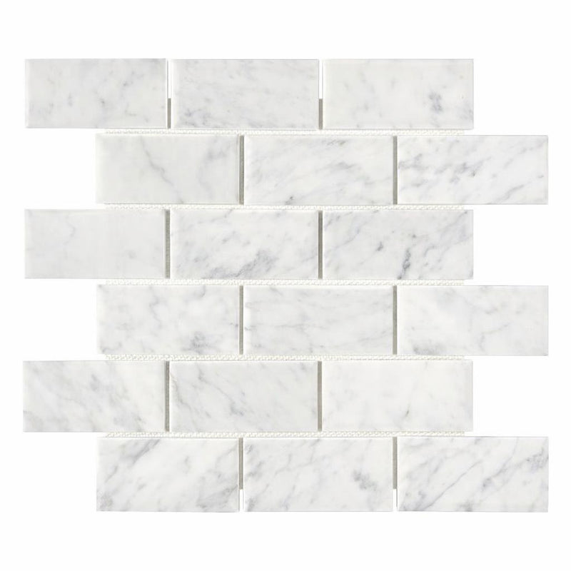 Carrara White (Italian) Marble 2x4 Honed Brick Joint Mosaic Deep-Beveled Brick Mosaic