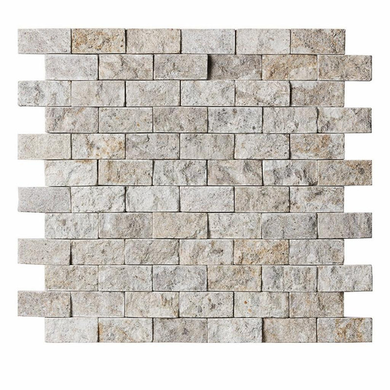 Silver (Pewter Blend) Travertine 1x2 Split-faced Travertine Brick Joint Mosaic Brick Mosaic
