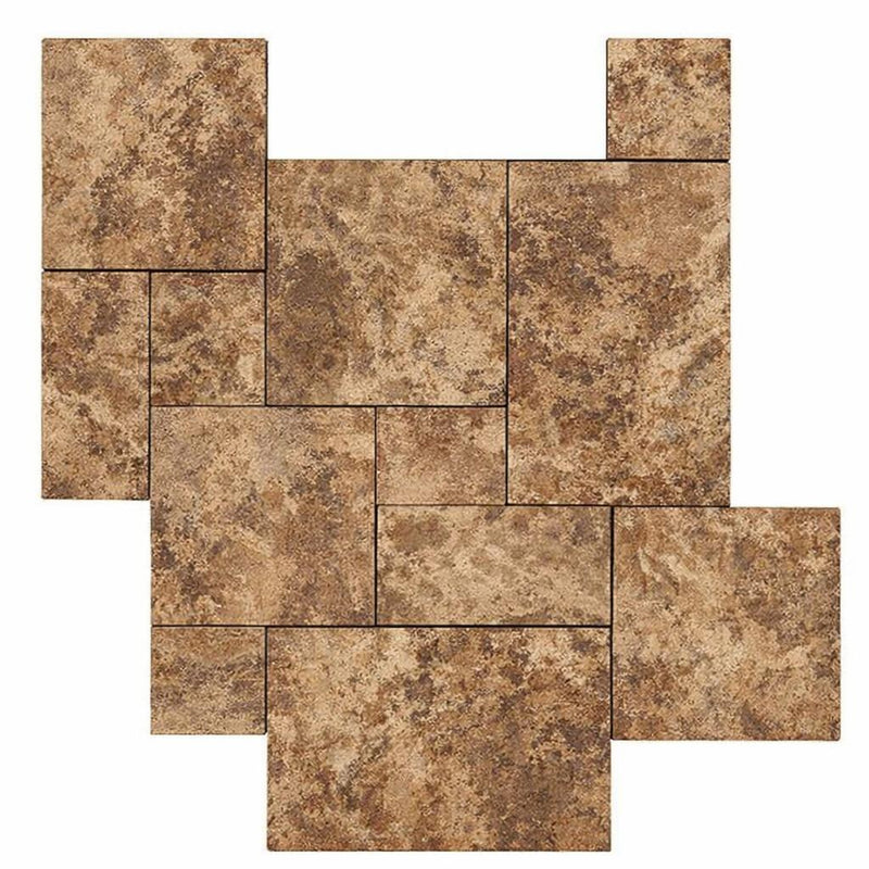 Noce (Antalya) Travertine Versailles Pattern Unfilled, Brushed & Chiseled Travertine Tile