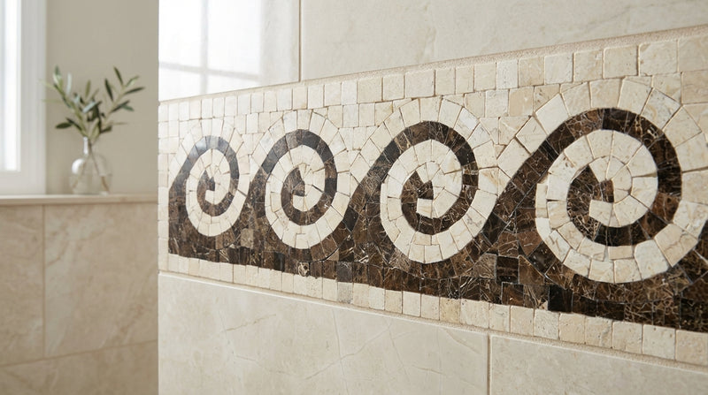 Crema Marfil (Spanish) Crema Marfil Marble 3-7/8x12 Cream Polished Tile Wave Border (Crema Marfil + Emp. Dark)