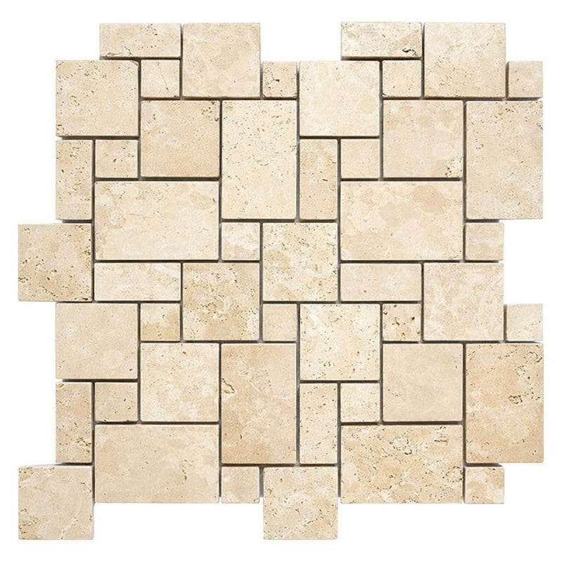 Durango / Paredon (Mexican) - Cross Cut Durango Travertine Tumbled Travertine Mini-Versailles Mosaic