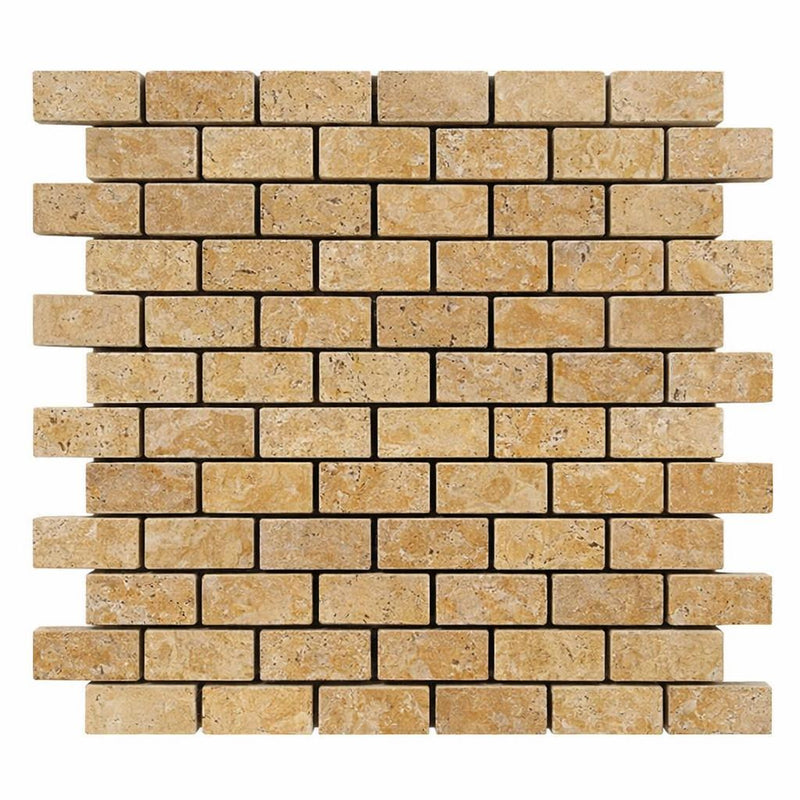 Gold / Yellow Gold Travertine 1x2 Tumbled Travertine Brick Joint Mosaic Brick Mosaic