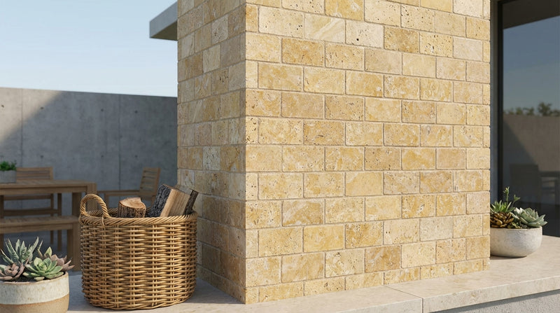 Gold / Yellow Gold Travertine 1x2 Tumbled Travertine Brick Joint Mosaic Brick Mosaic