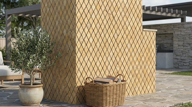 Gold / Yellow Gold Travertine 1x2 Tumbled Travertine Diamond / Rhomboid Mosaic