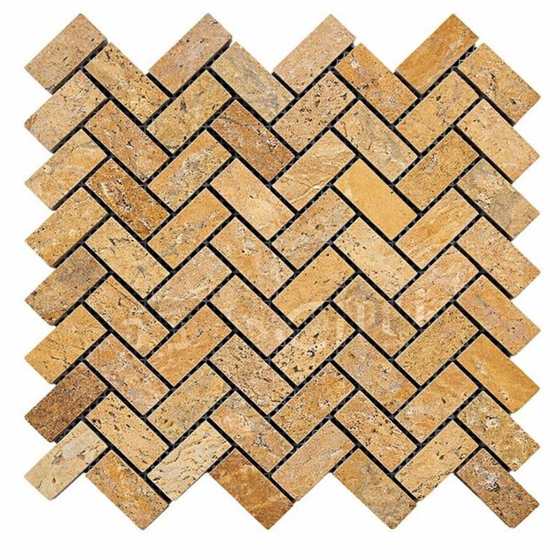 Gold / Yellow Gold Travertine 1x2 Tumbled Travertine Herringbone Mosaic
