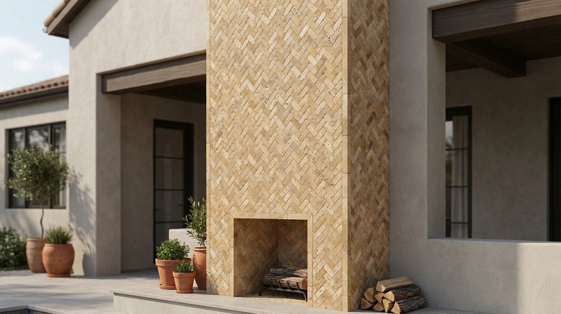 Gold / Yellow Gold Travertine 1x2 Tumbled Travertine Herringbone Mosaic