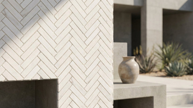 Afyon White Marble 1x4 Polished Herringbone Mosaic