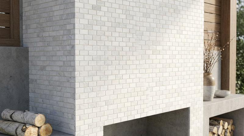 Oriental White (Asian Statuary) Marble 5/8x1 1/4 Honed Brick Joint Mosaic Mini-Brick Mosaic