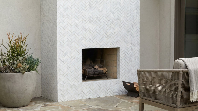 Oriental White (Asian Statuary) Marble 5/8x1 1/4 Honed Herringbone Mosaic Herringbone (Mini) Mosaic